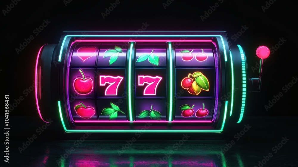 The glowing reels of a classic slot machine spin, showcasing vibrant symbols like cherries, sevens, and bars in a dark arcade setting. Generative AI The glowing reels of a classic slot machine spin, showcasing vibrant symbols like cherries, sevens, and bars in a dark arcade setting. Generative AI