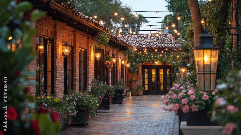 A charming hotel exterior adorned with flowering plants and warm lights, creating a welcoming ambiance. A charming hotel exterior adorned with flowering plants and warm lights, creating a welcoming ambiance.