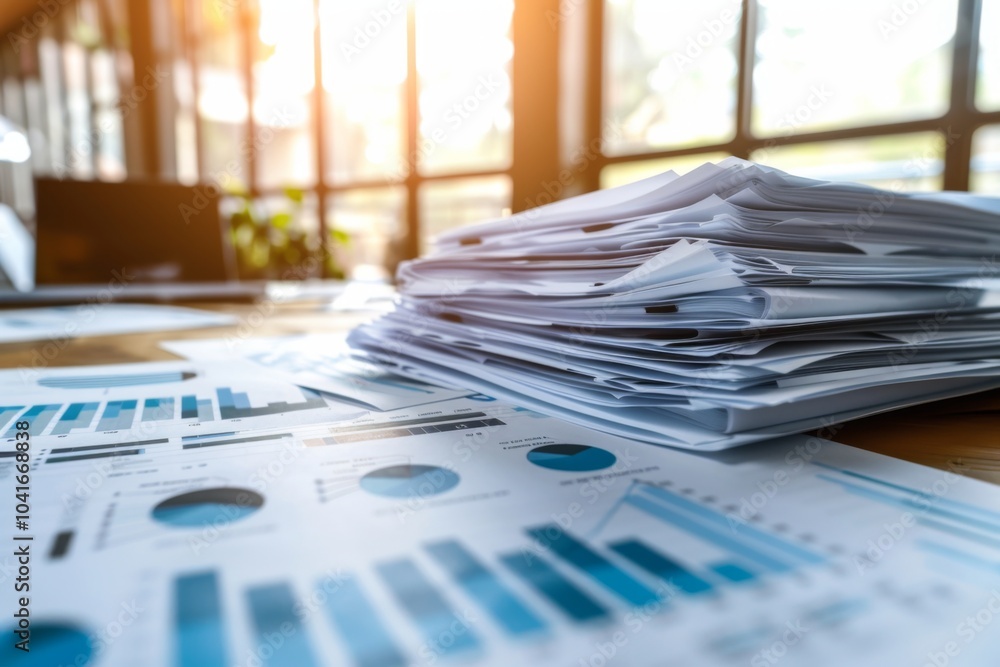 Collection of business analytics charts and graphs stacked on each other on paper on desk in office Collection of business analytics charts and graphs stacked on each other on paper on desk in office