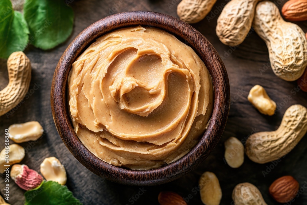 Fototapeta premium A bowl filled with creamy peanut butter and surrounded by peanuts