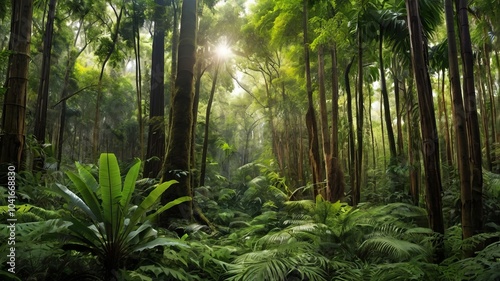 Panorama banner background of a tropical forest landscape, ideal for concepts of environmental ecology, sustainable energy, or Earth Day, suitable for spa and tourism wallpaper.