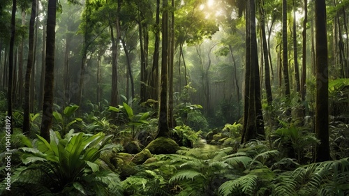 Panorama banner background of a tropical forest landscape, ideal for concepts of environmental ecology, sustainable energy, or Earth Day, suitable for spa and tourism wallpaper.