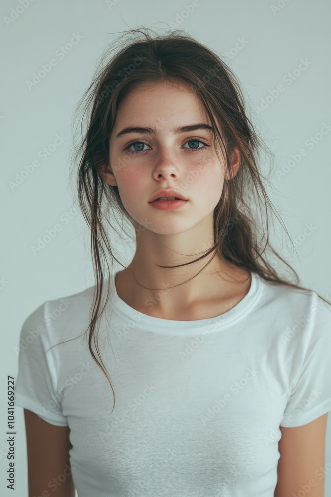 A woman in a white shirt is looking directly at the camera with a neutral expression A woman in a white shirt is looking directly at the camera with a neutral expression