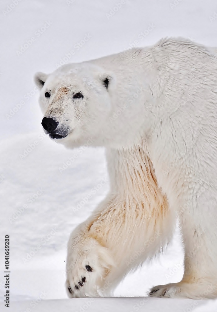 Front end of a Polar Bear walking and head turned looking at the camera. Front end of a Polar Bear walking and head turned looking at the camera.