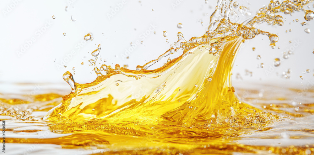 A yellow splash of beer is splashing with a white background. A yellow splash of beer is splashing with a white background.