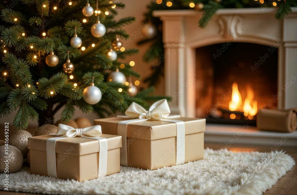 Stylish christmas gifts with white ribbon on blurred background of white Christmas interior Stylish christmas gifts with white ribbon on blurred background of white Christmas interior