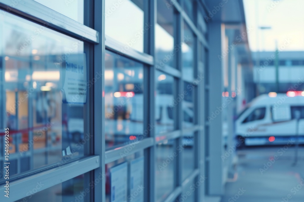 Close-up image of the exterior of a hospital building with large windows and a welcoming sign Close-up image of the exterior of a hospital building with large windows and a welcoming sign