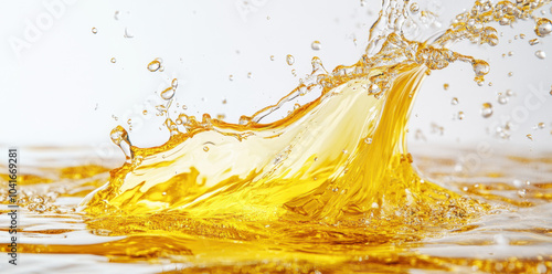 A yellow splash of beer is splashing with a white background.