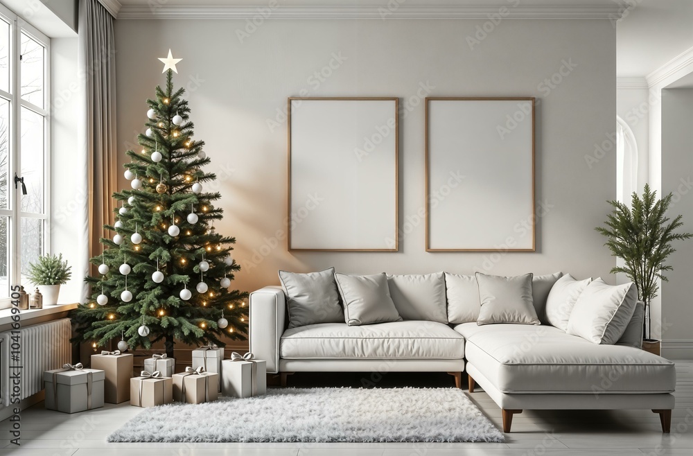 Christmas white, light, home interior with fireplace, empty farme on the wall , gifts and magic glowing Christmas tree Christmas white, light, home interior with fireplace, empty farme on the wall , gifts and magic glowing Christmas tree