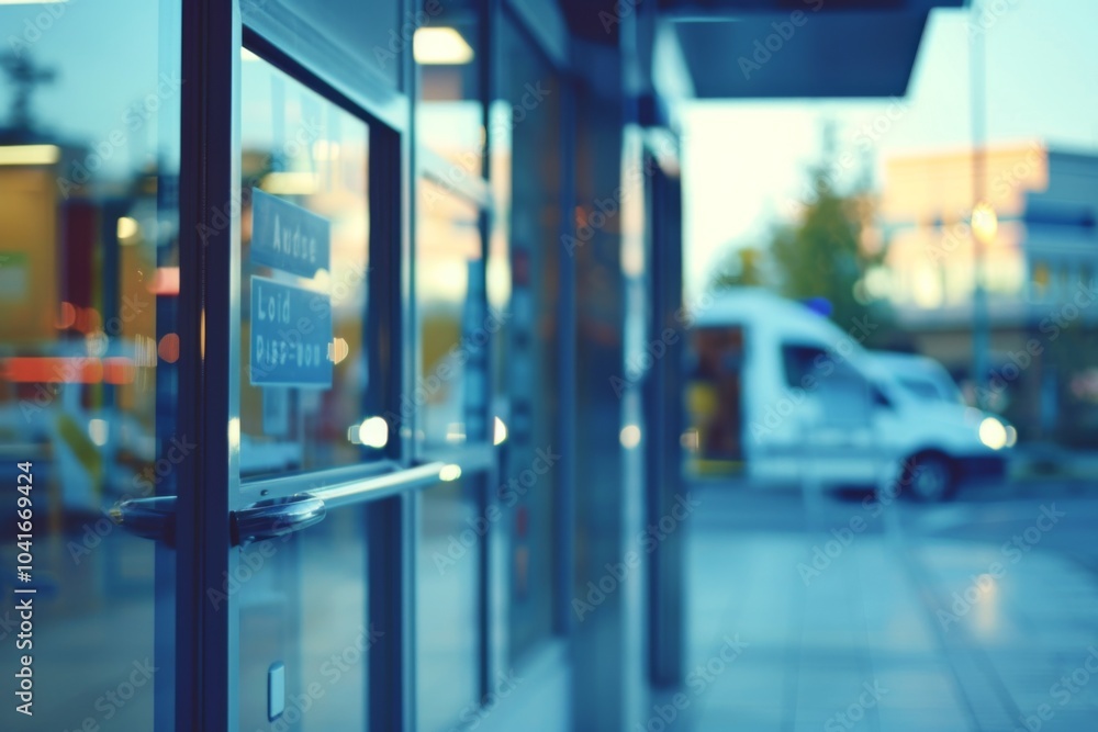 Close-up image of the exterior of a hospital building with large windows and a welcoming sign Close-up image of the exterior of a hospital building with large windows and a welcoming sign