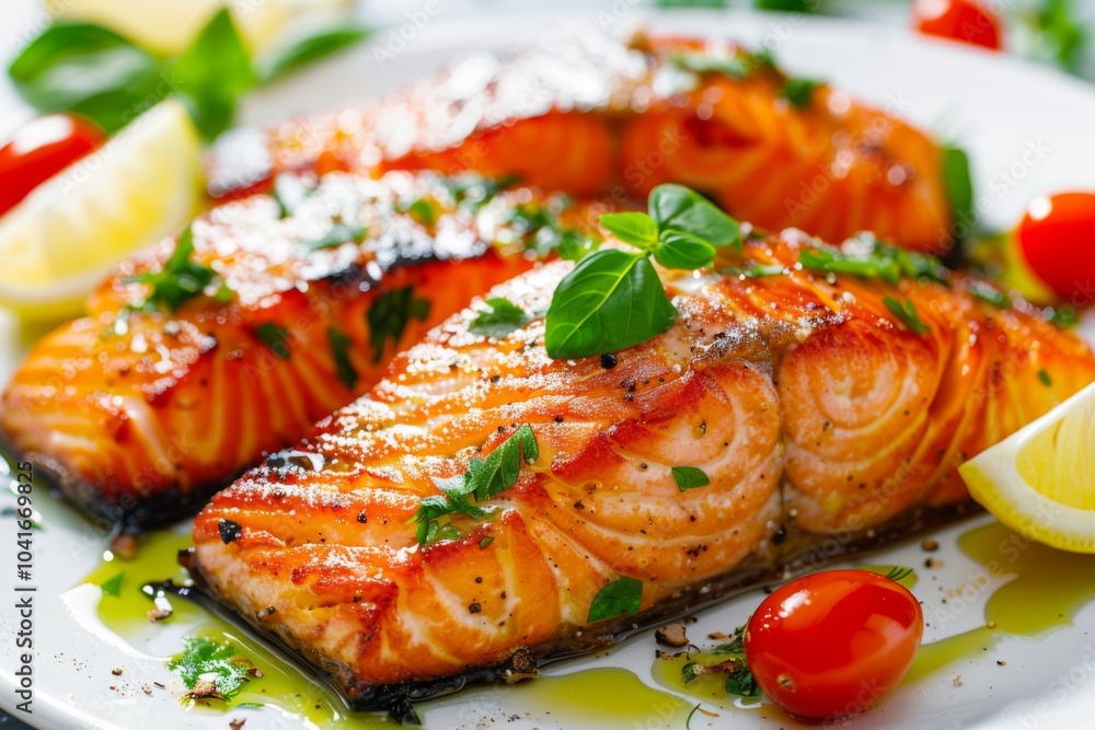 Grilled salmon with garnish, Meticulously presented meal on a plate close up Grilled salmon with garnish, Meticulously presented meal on a plate close up