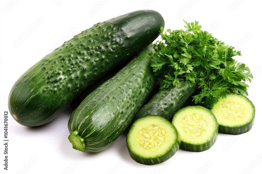 Fresh cucumbers and parsley arranged on a clean white surface Fresh cucumbers and parsley arranged on a clean white surface