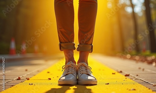 A person stands on a yellow curb wearing white shoes