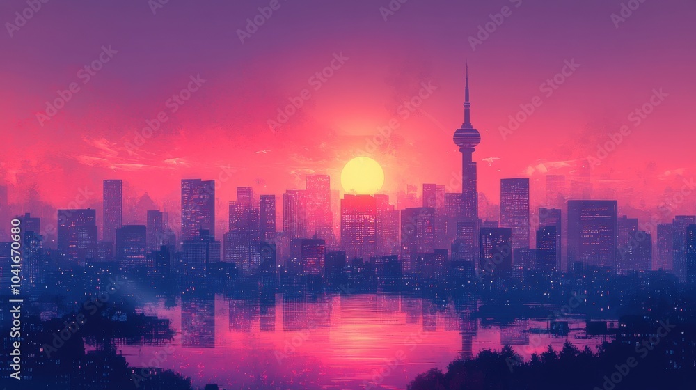 Fototapeta premium A city skyline illustrated with halftone effects, blending modernity and artistic flair.