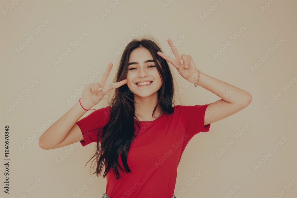 A woman forming the classic hand sign for peace A woman forming the classic hand sign for peace