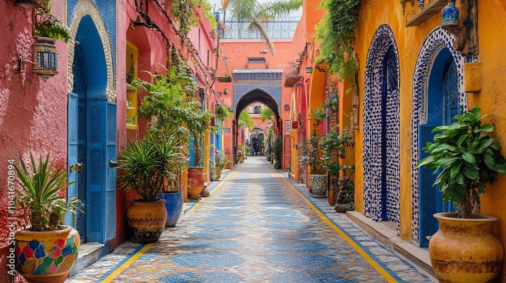 Fototapeta premium Serene alleyway lined with traditional Moroccan buildings showcasing ornate doors and beautifully textured walls that reflect the city's rich history and cultural heritage