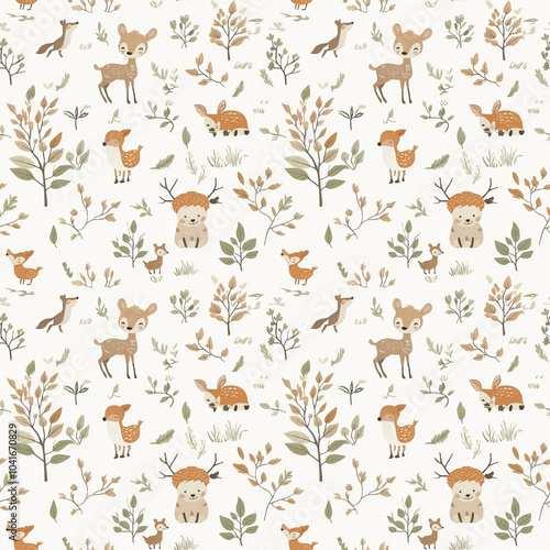 Seamless Baby Nursery Pattern with Adorable Woodland Animals and Soft Pastel Leaves