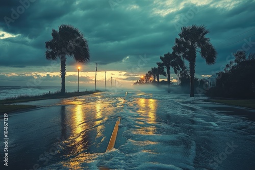 Flooded coastal road with palm trees bending in wind at sunset after hurricane photo