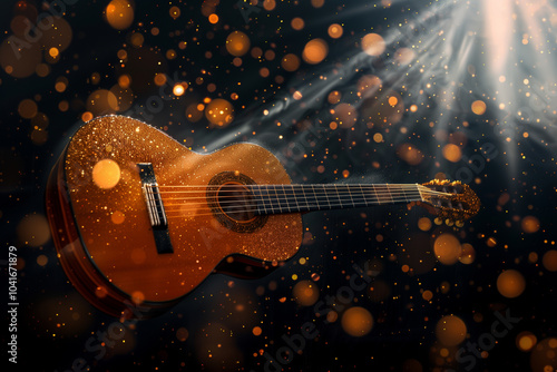 A beautifully illuminated acoustic guitar surrounded by sparkling golden particles and soft light rays, creating a magical atmosphere.