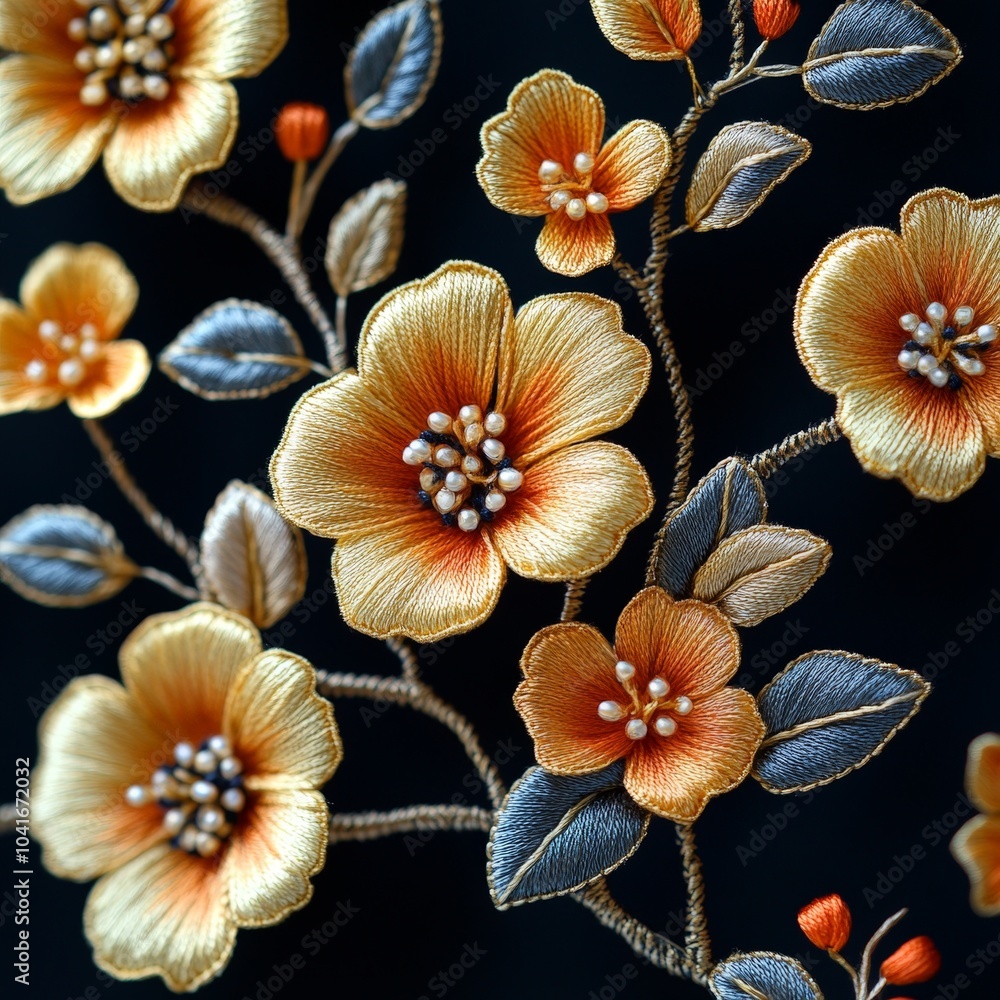 Gold embroidery with flowers and leaves Gold embroidery with flowers and leaves