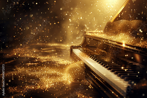 A grand piano surrounded by a shimmering golden dust, creating a magical atmosphere. The scene is illuminated with soft, warm light, enhancing the elegance and beauty of the piano. photo