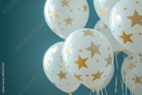 A bunch of white balloons with gold stars, perfect for parties or celebrations