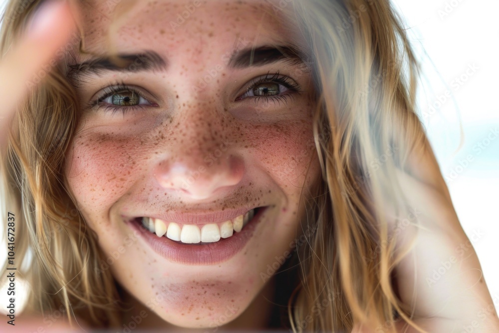A woman with freckles smiling while taking a selfie, potentially for social media or personal use A woman with freckles smiling while taking a selfie, potentially for social media or personal use