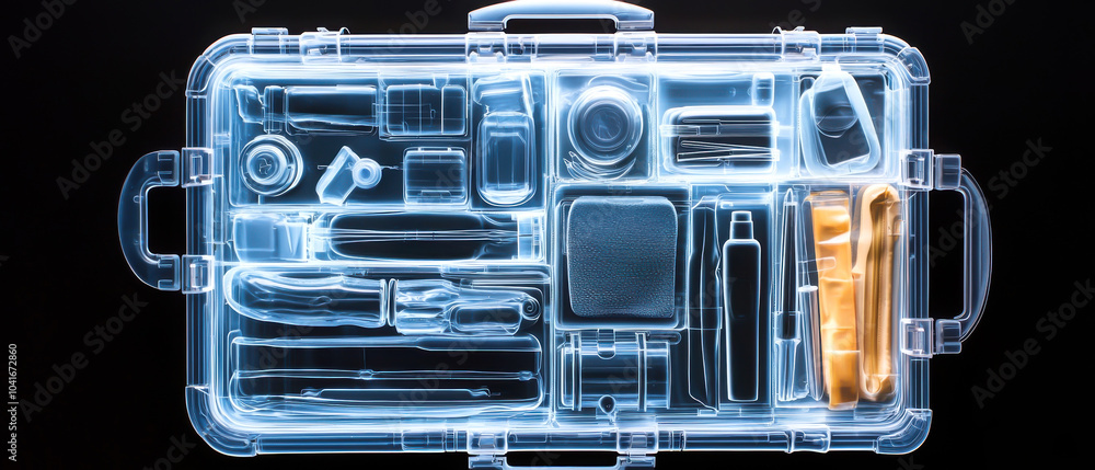 Obraz premium Transparent toolbox displaying organized tools and accessories for creative projects and repairs.