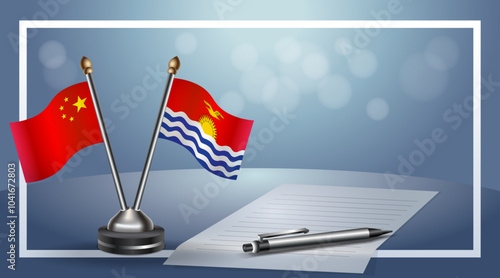 China and Kiribati Small national flag on bokeh background, cooperative relationship