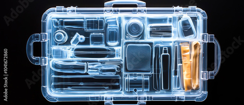 Transparent toolbox displaying organized tools and accessories for creative projects and repairs. photo