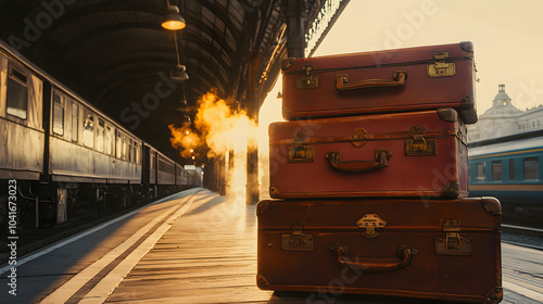 Traveling through time: Vintage suitcases resting on a train platform at sunset with a departing train in the background