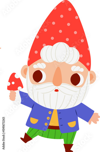 Cute garden gnome vector illustration. funny Cartoon dwarf character with mushroom fly agaric