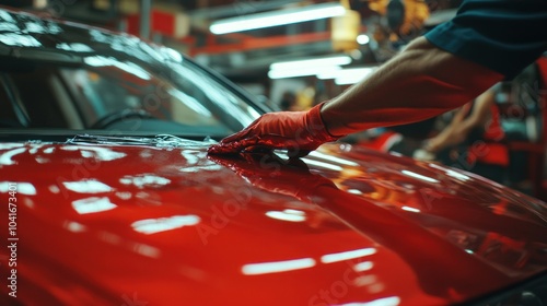 A hand polishing a red car's surface in an automotive workshop. photo