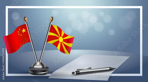 China and Macedonia Small national flag on bokeh background, cooperative relationship