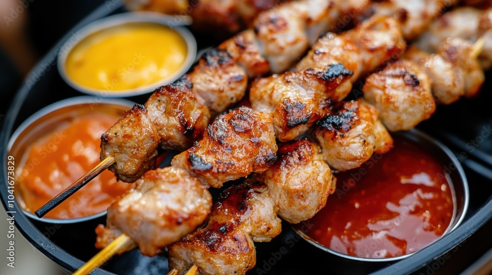 料理芸術とホスピタリティマーケティングのための、ディップソース付きのグルメ焼き鳥串 料理芸術とホスピタリティマーケティングのための、ディップソース付きのグルメ焼き鳥串