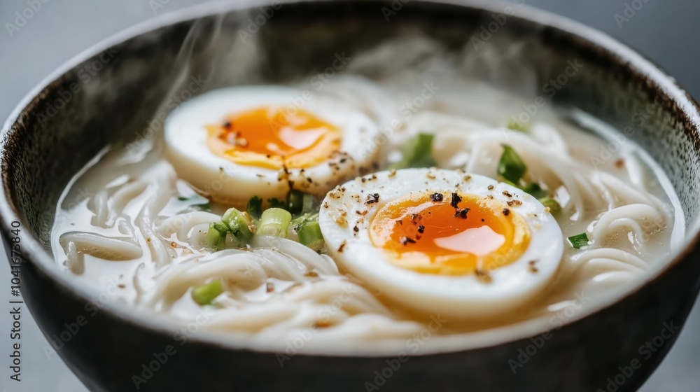 グルメなラーメン丼と湯気の立つ半熟卵 - 料理のストック写真 グルメなラーメン丼と湯気の立つ半熟卵 - 料理のストック写真
