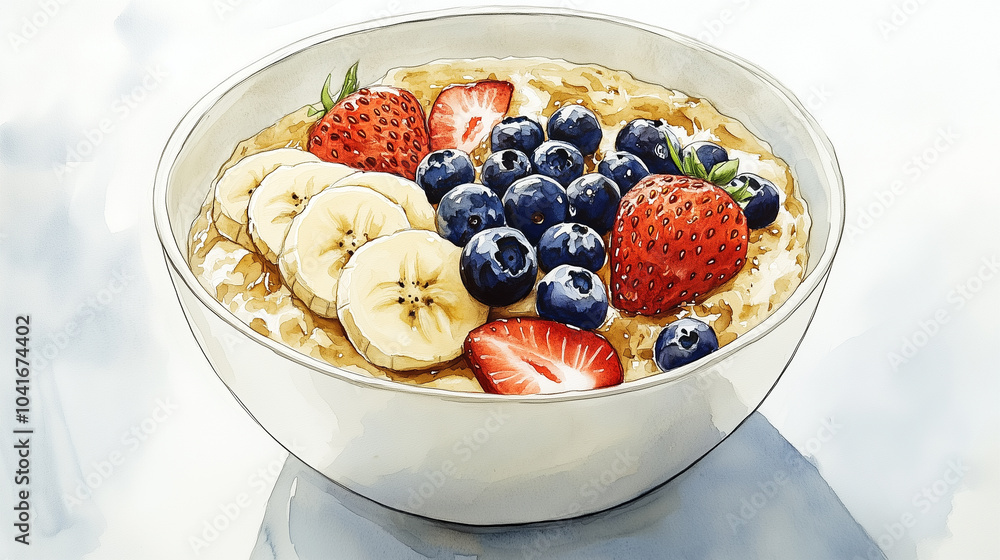 A bowl of creamy oatmeal topped with fruits like bananas, strawberries, and blueberries, with a drizzle of honey in watercolor A bowl of creamy oatmeal topped with fruits like bananas, strawberries, and blueberries, with a drizzle of honey in watercolor