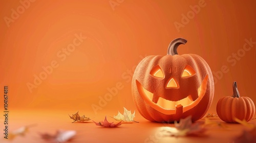 A carved halloween pumpkin sitting on a table, perfect for autumnal or spooky themed designs