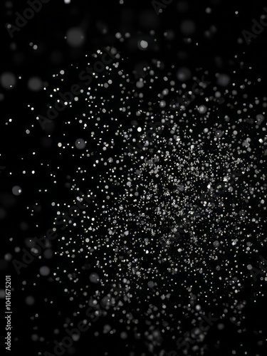 dark background, sparkling particles, scattered light, floating dust, glitter effect, night sky, ethereal atmosphere, mysterious ambiance, abstract pattern, monochrome, black and white, cosmic, starry