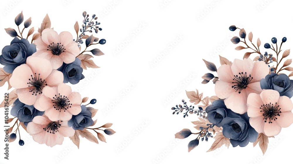Obraz premium A beautiful floral border showcases an array of blue, pink, and orange flowers against a light white backdrop, perfect for invitations