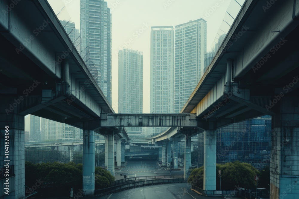 View of a city from a bridge, with buildings and streets below View of a city from a bridge, with buildings and streets below