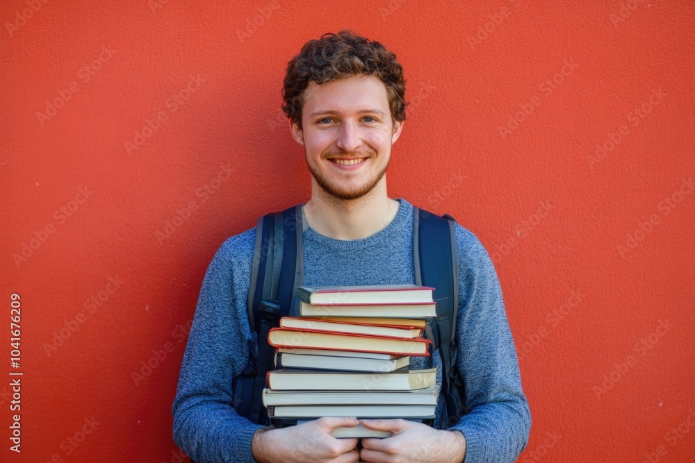 A person holding a stack of books in front of a red-colored background A person holding a stack of books in front of a red-colored background