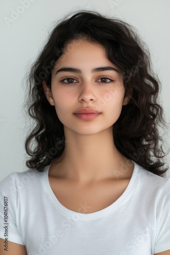 A portrait of a young woman with long dark hair