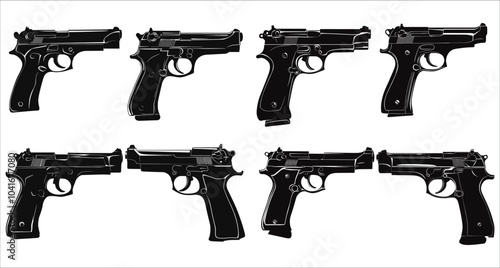 Gun silhouettes icons vector set. Set of various gun silhouettes. Black silhouettes of gun vector art. Artistic gun silhouettes vector illustrations