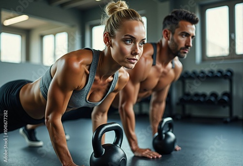 Fitness Session with a Couple at the Gym - A Training Scene of a Muscular Man and Woman Pursuing a Healthy Lifestyle and Wellness