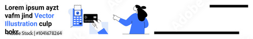 Businesswoman wearing blue using a copier and computer while pointing at a screen. Ideal for business, office work, technology, presentations, and productivity. Landing page