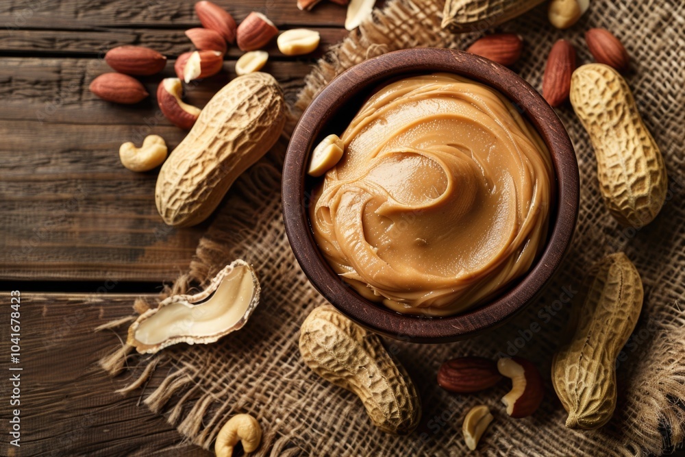 A jar of creamy peanut butter surrounded by peanuts, perfect for snacking or baking A jar of creamy peanut butter surrounded by peanuts, perfect for snacking or baking
