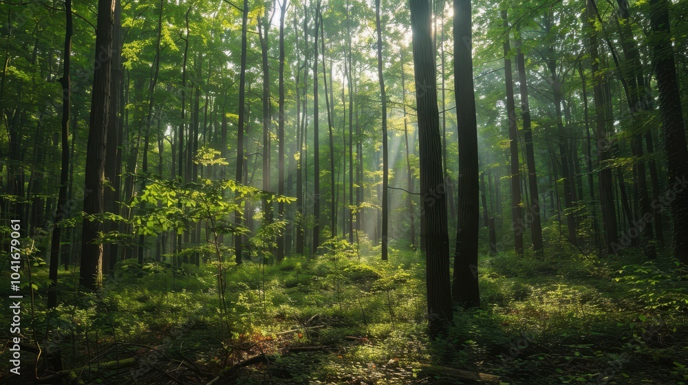 Obraz premium Sunlight Filtering Through Lush Green Forest Trees