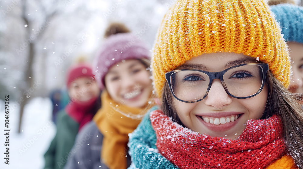 Group of friends enjoys snowy day, wearing colorful winter clothing and smiling warmly. snowflakes gently fall around themg joyful and festive atmosphere Group of friends enjoys snowy day, wearing colorful winter clothing and smiling warmly. snowflakes gently fall around themg joyful and festive atmosphere