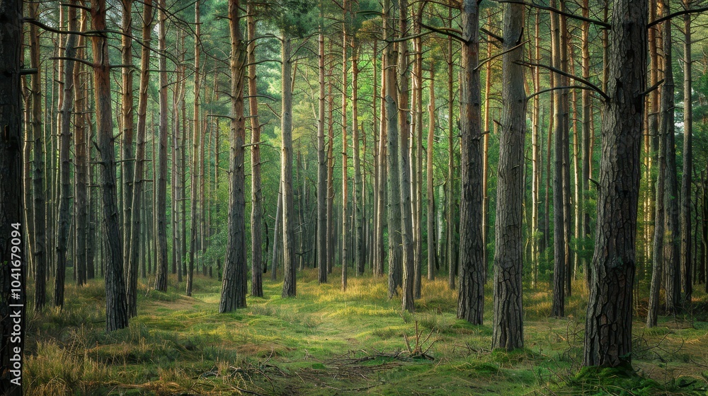 Fototapeta premium Serene Forest with Tall Trees in Soft Light